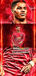 Dynamic red-themed soccer wallpaper featuring a prominent football player.