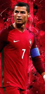 Dynamic soccer player in vibrant red wallpaper.