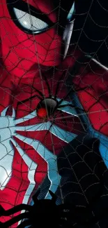 Vibrant Spider-Man wallpaper with red and blue colors and web design.