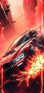 Vibrant red sports car racing in fiery urban scene.