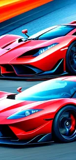 Vibrant red sports car with sleek design on a motion-blur background.