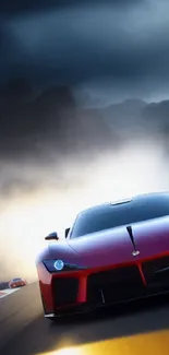 Red sports car racing on a misty mountain road with dramatic clouds above.