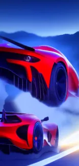 Vibrant red sports car racing on a neon-lit road with a misty backdrop.