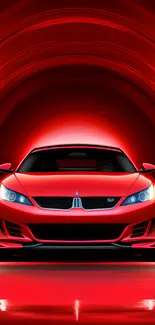 Dynamic red sports car with a sleek design under a vibrant arch.