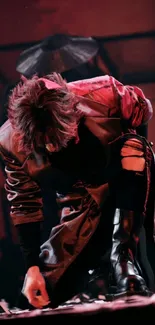 Performer kneeling on stage in red costume, dynamic and dramatic pose.