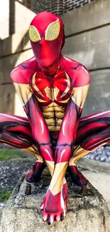 Vibrant superhero in red and gold suit crouched in urban background.