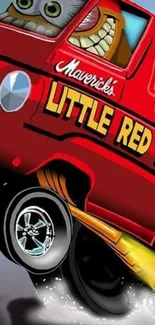 Cartoonish red truck with flames design.