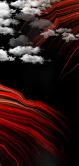 Dynamic red waves on black background with vibrant energy.