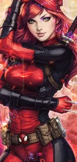 Vivid redhead warrior in red and black costume, striking mobile wallpaper art.