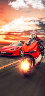 Motorcycle and car racing into the sunset on open road.