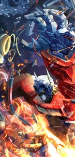 Epic robot battle scene with a dynamic red and blue mechanical design.