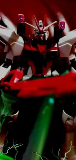 Dynamic robot battle scene with red and green colors.