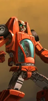 Dynamic orange robot with wheels as arms against a vivid background.