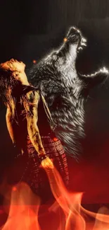 Rock performer and wolf in a dynamic, artistic phone wallpaper.