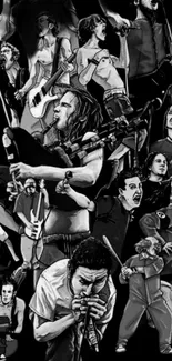 Black and white collage of rock band musicians.