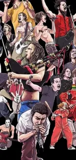 Energetic rock band illustration with instruments.