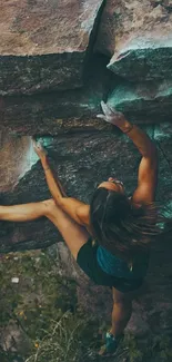 A rock climber scaling a rugged cliff, showcasing strength and adventure.