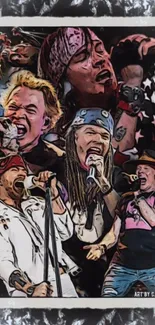 Energetic collage of rock performers in concert illustration.