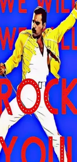 Rock star in yellow jacket with blue background and bold text.