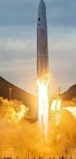 Dynamic rocket launch with fiery plumes and a scenic sky.