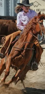 Cowboy skillfully riding a galloping horse in a sandy rodeo arena.