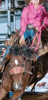 Cowgirl in pink shirt riding a horse at a rodeo event.