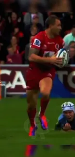 Rugby player in intense action on the field, holding a ball.