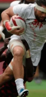 Rugby players in action on the field during an intense match.