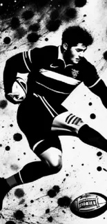 Black and white illustration of a rugby player in action, bold and dynamic.