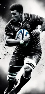 Rugby player artwork in dynamic black and white design.