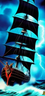 Sailboat braving a storm with dark sails and vivid lightning in the background.