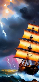 Dynamic sailing ship wallpaper with vibrant skies and ocean waves.