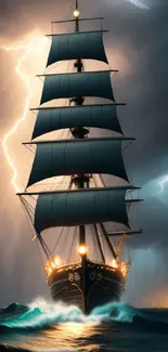 Majestic sailing ship in a stormy ocean under lightning-filled skies.