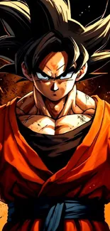 Anime character with spiky hair and orange outfit in a powerful stance.