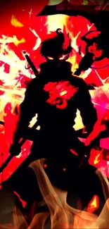 Samurai silhouette on vibrant red-black background.