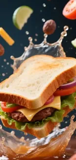 Dynamic sandwich splash with fresh ingredients in the air.