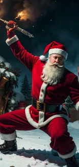 Santa Claus in a dynamic action pose with Christmas gifts and snow.