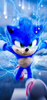 Blue character with electric energy on mobile wallpaper.