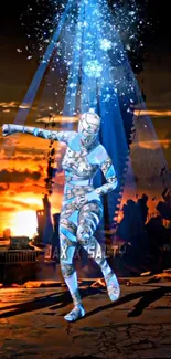 Futuristic dancer in sci-fi cityscape with mystical blue beams at sunset.