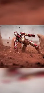 Superhero in action amidst debris, rich red and metallic hues.