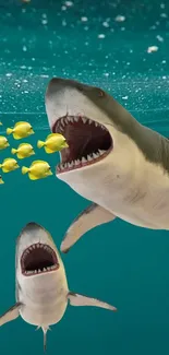 Sharks swim alongside yellow fish in deep teal ocean.