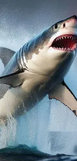 A shark breaching the ocean with a vibrant rainbow in the background.