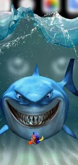 Animated blue shark swimming underwater with vibrant waves.