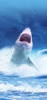 Great white shark breaching over ocean waves with a fisherman nearby.