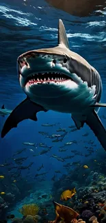 Underwater view of a shark with vibrant coral and marine life.