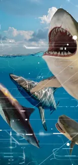 Dynamic shark wallpaper in blue ocean with digital effects.