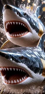 Dynamic sharks with gold coins splash background.