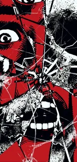 Red and black shattered face design with dynamic artistic elements.