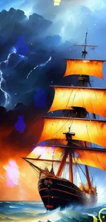 Dynamic ship sailing through stormy seas under orange sails.