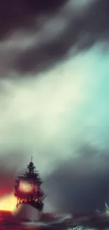 Ship in stormy ocean with vibrant sky and waves.